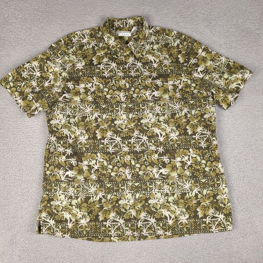 Covington Hawaiian Shirt Mens XXL‎ Green Olive Linen Blend Button Down